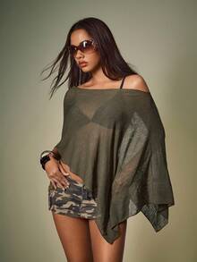 Y2Kool BiGraphic Cubre superior de punto calado en verde oliva, parte superior versátil para mujer con mangas de murciélago, poncho, parte superior de verano, parte superior de punto, camuflaje para mujer, atuendo de tema de la jungla, atuendo de camuflaje para mujer, atuendo de concierto para mujer, ropa casual y elegante, nueva colección, atuendos de Año Nuevo