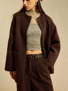 Easelle 秋冬休闲宽松口袋长袖女式外套 - 咖啡棕 - 查看 3