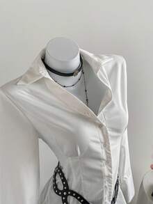 Elamini 女式纽扣长袖褶饰修身优雅纯色衬衫