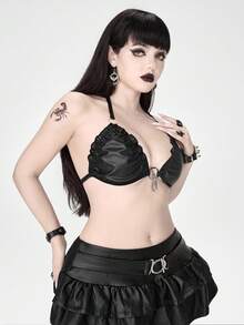 ROMWE Grunge Punk Dark Punk Metal Hook Clasp PU Halter Triangle Cup Bra For Women - Black - View 6
