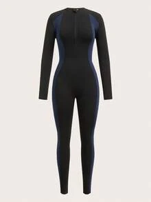 Easithlete Damen Slim Fit Outdoor Jumpsuit mit kontrastfarbenem Patchwork – Modischer, figurbetonter Einteiler für sportliche & lässige Anlässe