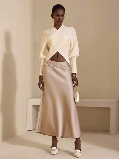 JIAN LASALA Suéter holgado de punto con mangas de farol de puño largo cruzado, elegante y casual para mujer en otoño e invierno, colección de ropa de lujo y con estilo