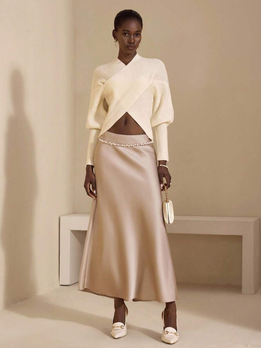 JIAN LASALA Locker sitzender Strickpullover mit Kreuzgurt-Manschetten und Laternärmeln für Damen, Herbst Winter Lässig Elegant Luxus Modekollektionspullover, Weiß