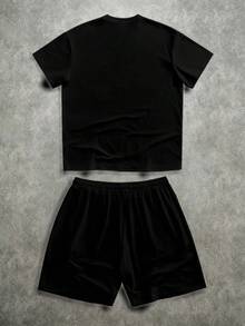 Manfinity ZONE917 Loose Patchwork Colorblock Black & White Athleisure Style Short Sleeve Streetwear Set