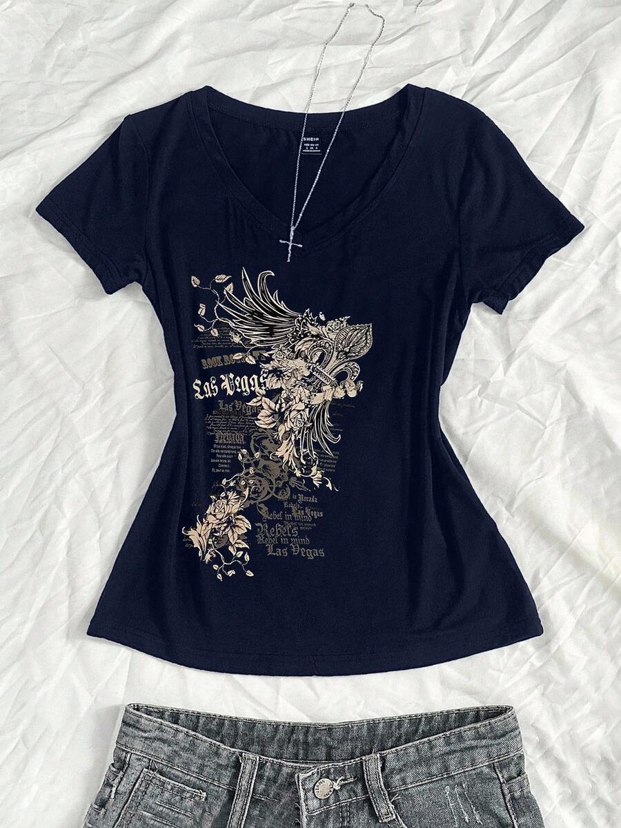 StreetHx 女式夏季 V 领修身 T 恤，带有复古十字花卉朋克亚文化动漫印花，海军蓝色短袖 V 领 - 藏蓝色 - 查看 1