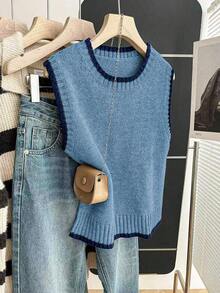 Franclia Casual Loose Crew Neck Sleeveless Knit Contrast Trim Khaki Sweater Top For Women, Spring/Autumn - Blue - View 3