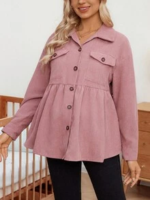 SHEIN Maternity Fashionable Minimalist Solid Color Corduroy Jacket - Dusty Pink - View 7