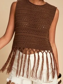 Travachic Women's Vacation Casual Hollow Out Fringe Hem Knit Top, Crochet Top Women, Tassel Top, Going Out Outfits, Casual Style, Summer Beach Outfits,