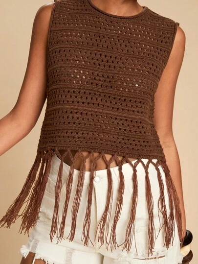 Travachic Women's Vacation Casual Hollow Out Fringe Hem Knit Top, Crochet Top Women, Tassel Top, Going Out Outfits, Casual Style, Summer Beach Outfits,