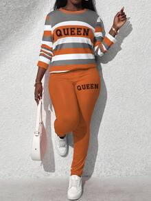 BamGleam Conjunto de 2 peças de blusa e calça de manga comprida com estampa de gola redonda listrada feminina, outono