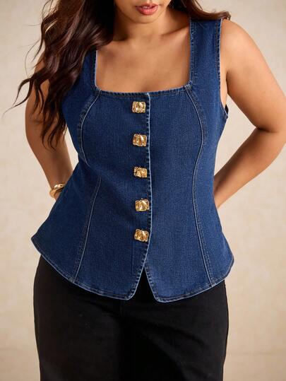 Elaquor Áo denim cổ vuông không tay màu xanh đậm cỡ lớn, trang trí khóa kim loại, phong cách Pháp thanh lịch, thoải mái, co giãn