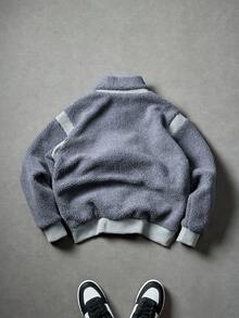 Manfinity Roghcode 男士纯色长袖立领夹克，双拉链设计，羊毛夹克，时尚街头风格，适合外出，适合日常和户外穿着，送给朋友和男朋友的礼物，男士双拉链夹克，适合秋冬 - 灰色 - 查看 2