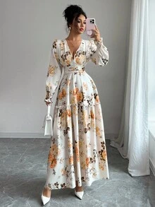 Elenzga 女式碎花灯笼袖中长连衣裙，浪漫的法式设计，修身腰身，性感的深 V 领，适合约会、派对，可与夹克叠穿 - 黃色 - 查看 4