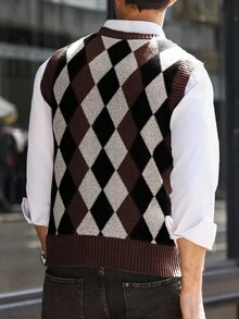 Manfinity Mode Men's Contrast Argyle Knit Sweater Vest, Fall/Winter - Multicolor - View 2
