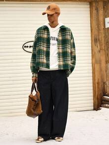 SWAVVY Chaqueta con estampado de cuadros de moda para hombre, otoño/invierno - Verde Oscuro - Ver 4