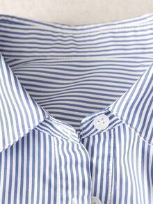 Chiquease Women's Casual Versatile Fashion Long Sleeve Single Pocket Lapel Single Breasted Blue And White Striped Loose Student College Back To School Shirt, Winter Fall Autumn New Year Thanksgiving - Blue and White - View 4