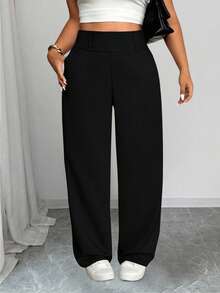 SHEIN PETITE CURVE 大码纯色口袋休闲百搭阔腿裤 - 黑色 - 查看 3