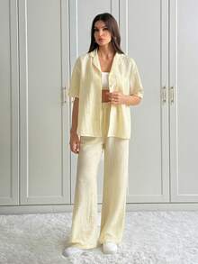 SHEIN Tall 2件套女士休闲纹理纽扣前上衣和裤子套装，秋季 - 黃色 - 查看 3