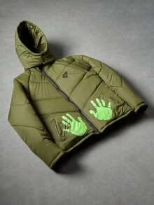 Manfinity Roghcode Men's Olive Green Winter Streetwear Zip-Up Hooded Long Sleeve Coat,Detachable Hood,Letter & Palm Print Design,Casual Work Outings,Autumn/Winter Gift - Green - View 5