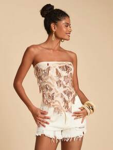 Travachic 女式时尚亮片流苏不对称下摆抹胸上衣，夏季 - 杏色 - 查看 4