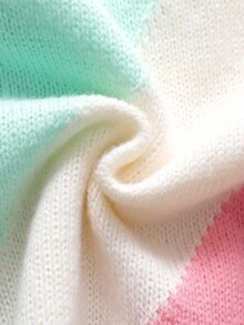 Sparklyn 青少年女孩休闲日常通勤拼色条纹图案落肩宽松套头毛衣，秋冬 - 杏色 - 查看 3