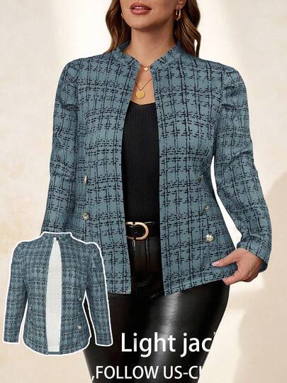 Chikora 大码女式金属扣装饰粗花呢纹理夹克，优雅百搭，适合日常、休闲、商务通勤，秋冬季穿着