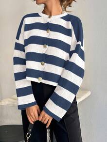 EURMUSE Women Stripe Pattern Round Neck Front Button Cardigan - Blue - View 2