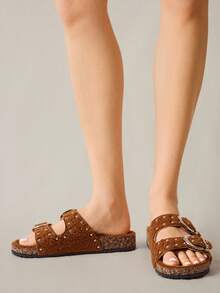 Solecia Fashionable Metal Buckle Rhinestone Decor Thick Sole Sandals, Suitable For Commuting - Coffee Brown - View 4