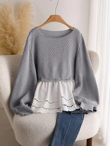 CosyJoli Pull ample décontracté à encolure ronde, taille cintrée, manches lanternes, patchwork, volants à l'ourlet