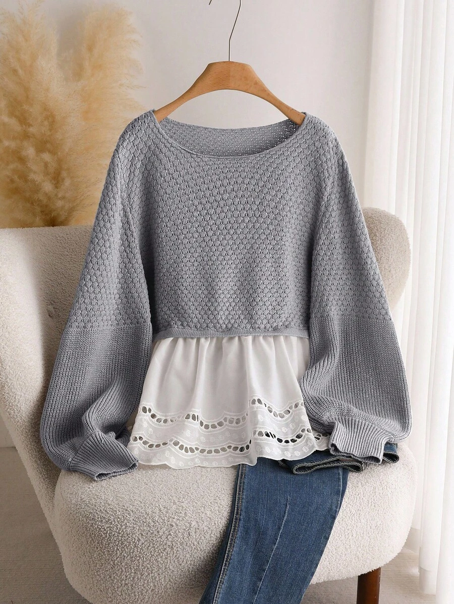 CosyJoli Pull ample décontracté à encolure ronde, taille cintrée, manches lanternes, patchwork, volants à l'ourlet