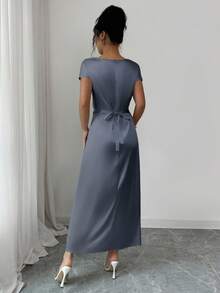 Rafferiza فستان نسائي أنيق بياقة عالية وأكمام قصيرة من الساتان مع ربطة عنق، مناسب للمناسبات والذهاب إلى العمل