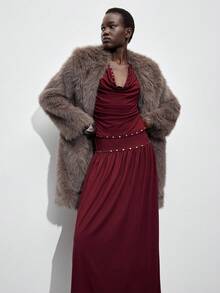 Maija 2pcs Women's Eyelet Metal Design Draped Neck Top And Mini Skirt Set, Winter Dress, Autumn Clothes , Halloween Costumes, Halloween Cosplay, Christmas Party , New Year Clothes , New Year Women,Thanksgiving Outfit For Women,Wine Red Set, Sleeveless Vest, Draped Neckline Design, Feminine Elegance, Large A-Line Silhouette. - Burgundy - View 6