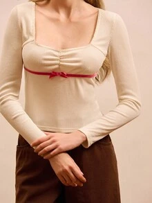 lacRébo Ribbed Long Sleeve Top With Vellvet Pink Bow Detail Spring Women Spring Summer French Style Parisian Style - Apricot - View 2