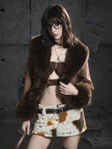 Bloopia Retro Bohemian Chic Casual Cá nhân hóa Tối giản Thiết kế Halloween Thu/Đông cho nữ Áo khoác lông thú giả cỡ lớn cổ vá bằng da lộn lót lông hỗn hợp tay chuông hở phía trước - màu đen - Xem 4