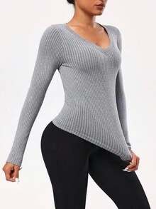 SHEIN Sports Women's Grey Autumn Athleisure Gym Seamless Long Sleeve Deep V Yoga Sports Slim Fit Activewear T-Shirt & Tank Top Ribbed Workout Tummy Control Tops - Grey - View 5