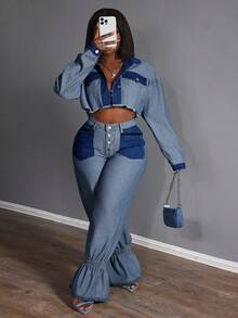 Slaydiva Quần jean ống rộng thời trang cạp cao thiết kế khóa kéo viền nhún cho nữ cỡ lớn - Rửa tối - Xem 6