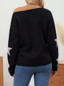 SHEIN 孕妇宽松提花撞色星星图案不对称领毛衣，秋冬 - 彩色 - 查看 2