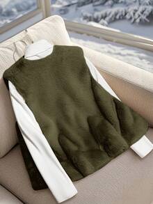 Franclia 女式休闲纯色保暖仿皮草背心夹克，秋冬 - 軍綠色 - 查看 2