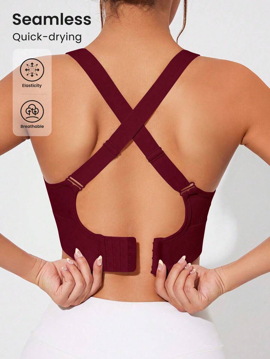 SHEIN Core Rhythm Áo ngực thể thao liền mạch dành cho nữ có dây đeo có thể tháo rời - Màu Đỏ Sâu - Xem 1