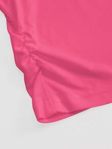 SHEIN EZwear 女式粉色半拉链短袖休闲蝴蝶图案时尚T恤，夏季 - 玫紅色 - 查看 4