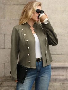 Juhart Plus Size Women's Double-Breasted Short Jacket, Faux Suede, Autumn/Winter - Green - View 1
