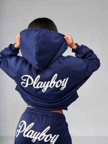 Missguided x Playboy Sudadera con capucha con cremallera corta, diseño de letra universitaria con mangas abullonadas, puño acanalado, prenda de punto para invierno y otoño, ropa informal y de estar en casa - Azul Marino - Ver 4