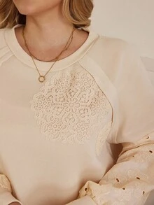 Rosumi Plus Size Elegant Lace Floral Embroidery Sweatshirt, Autumn/Winter - Beige - View 5