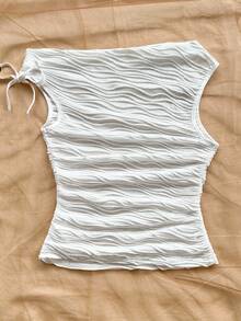 Tween Girls Casual Elegant Vacation Textured Ruched Asymmetrical Neck Cropped T-Shirt White Textured Top White Tie Top Cute White Tops