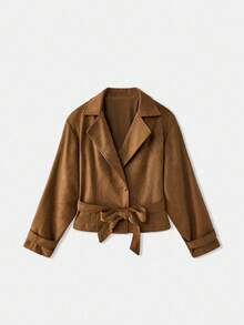lacRébo Spring Summer Faux Suedette Camel Oversized Belted Jacket Fall Women Spring Summer Premium Jacket Business Casual Going Out - Brown - View 8