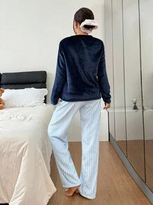 SHEIN 舒适双面法兰绒条纹圆领女式睡衣套装，秋冬装 - 藍色 - 查看 2