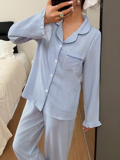 Bubble Textured Gestreepte Top Pants Pajama Set Night Wing Two Pieces Sleepwear Sleep Wear Women Blauw Pyjama Woman Verlichting Pj Set, Fall Clothes view 4