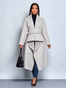 SOLERSUN Women's Simple Commuter Wool Jacket For Winter Long Sleeve Collar Can Be Worn Three Times As A Belt Scarf Asymmetrical Hem Long Tweed Jacket - Grey - View 6