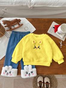 SHEIN 女宝宝休闲猫咪刺绣圆领上衣和裤子套装，秋冬 - 黃色 - 查看 3