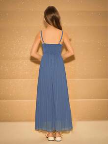 Girls' Dusty Blue Summer Elegant Wedding Guest Chiffon Long Dress,V-Neck Sleeveless High Waist Flowing Pleated Minimalist Graduation Prom Party Dress - Blue - View 2